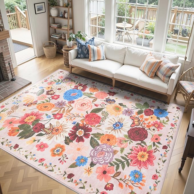 Pink Area Rugs 9x12 Living Room Washable Rug Non Slip Floral Low Pile Large Rug for Living Room, Bedroom, Farmhouse, Dining Room, Kids Playroom(9 x 12, Light Pink)