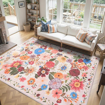 Light Pink Area Rugs 10x14 Living Room, Non Slip Machine Washable Floral Rugs, Low Pile Lightweight Large Rug for Bedroom, Dining Room, Home Office(Light Pink, 10 x 14)