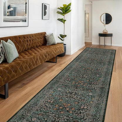 Dark Green Washable 3x16 Extra Long Runner Rug for Hallway Non Slip, Large Kitchen Indoor Floor Rugs for Entryway Hall Way, Soft Stain Resistant Low Pile Vintage Floral Carpet