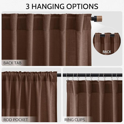 Mocha Brown Linen Curtains 63 Inches Long 2 Panel Sets for Living Room Bedroom Rod Pocket Back Tab Light Filtering Drape for Kitchen Window Short Protect Privacy Curtain Modern Farmhouse Decor 52x63