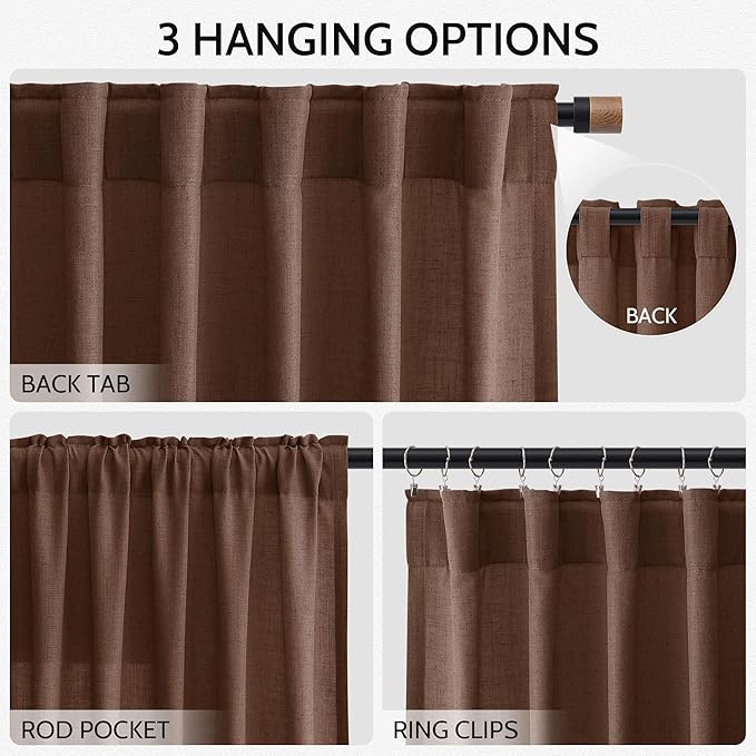 Mocha Brown Linen Curtains 102 Inches Long Rod Pocket Back Tab Drapes 2 Panels for Living Room Bedroom Light Filtering Semi Sheer Rustic Brown Curtain for Patio Door Dining Room52x102