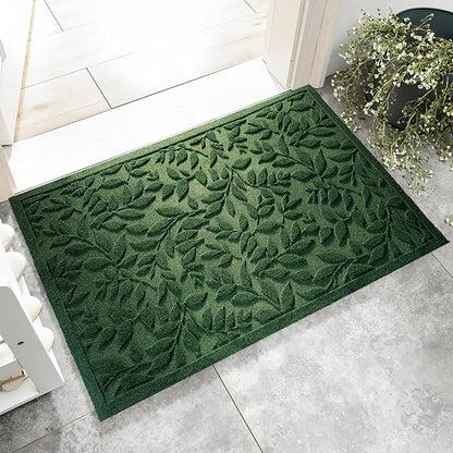 Green Leaves Outdoor Indoor Entrance Doormats, Absorbent Durable Heavy Duty Welcome Front Door Mat,Thick Natural Rubber Back,Easy Clean Entryway Mat 23x35 Inch, Low Profile