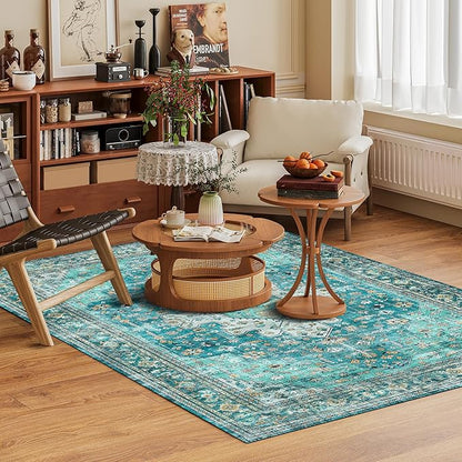 Washable Area Rug 9' x 12' Vintage Traditional Persian Mat - Foldable Distressed Non-Slip Machine Washable Carpet for Living Room Bedroom Kitchen Home Decor - Teal and Gold