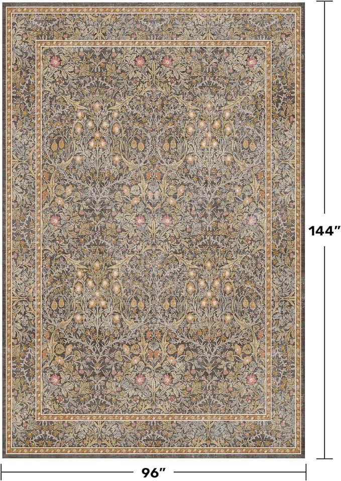 Large 8x12 Boho Living Room Rug - Gold Brown Geometric Floral Area Rug for Dining Room Under Table, Bedroom Under Bed, Low Pile & Soft - Vintage Design & Stain Resistance Carpet