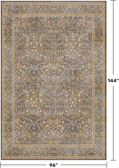 Large 8x12 Boho Living Room Rug - Gold Brown Geometric Floral Area Rug for Dining Room Under Table, Bedroom Under Bed, Low Pile & Soft - Vintage Design & Stain Resistance Carpet