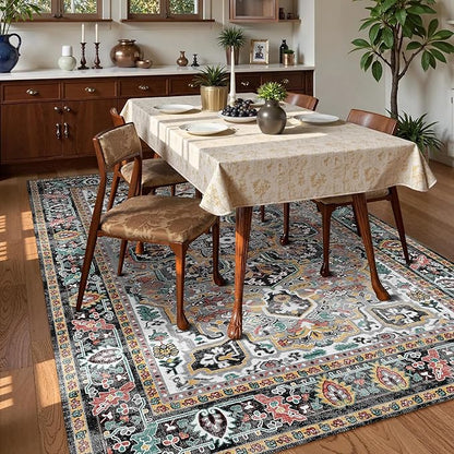 Washable Area Rug 6' x 9' Vintage Traditional Persian Mat - Foldable Distressed Non-Slip Machine Washable Carpet for Living Room Bedroom Kitchen Home Decor - Slate and Multicolor