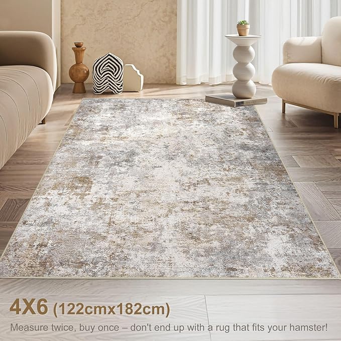 UERMEI 4x6 Area Rug Living Room Rugs - Washable Neutral Modern Abstract Soft Thin Rug Indoor Floor No Slip Rug Carpet for Bedroom Under Dining Table Home Office Decor - Brown Grey