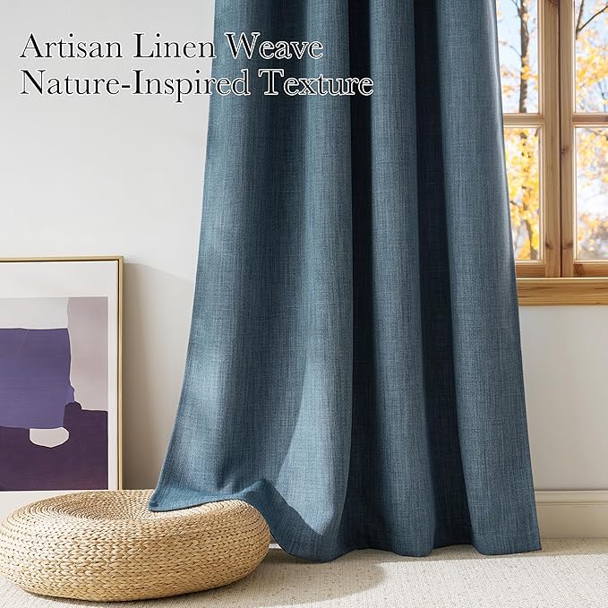 NICETOWN Short Faux Linen Mist Blue Blackout Curtains 63 inches Long for Kitchen - Privacy Panels for Living Room Bedroom, Modern Farmhouse Style Easy Care Grommet Top, 2 Panels, W42 by L63