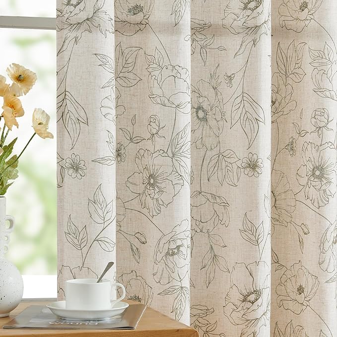 jinchan Floral Linen Curtains for Living Room 84 Inch Length Green Flower Curtain Rod Pocket Back Tab Farmhouse Curtains with Printed Floral Bedroom Window Curtain Set, 2 Panels Green