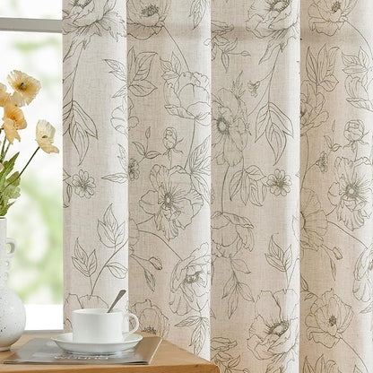 jinchan Floral Linen Curtains for Living Room 63 Inch Length Green Flower Curtain Rod Pocket Back Tab Farmhouse Curtains with Printed Floral Bedroom Window Curtain Set, 2 Panels Green