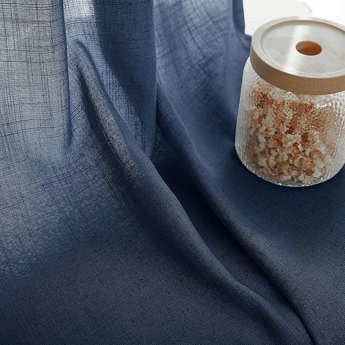 Navy Blue Curtains 105 inch Length for Bedroom Back Tab Light Filtering Semi Sheer Blue Living Room Curtains Linen Cotton Textured Indigo Blue Drapery Panel Modern Farmhouse Aesthetic Decor Dark Blue