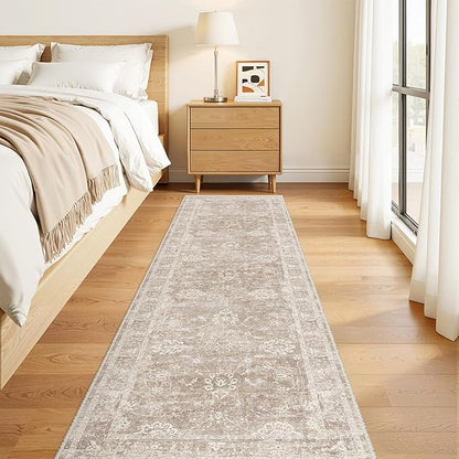 Madane Rug Runner for Hallways 2.5x8, Washable Kitchen Runner Rugs with Non Slip Backing, Soft Floral Print 2'6''x8 Carpet Runners for Laundry Room, Bedroom, Brown/Sand
