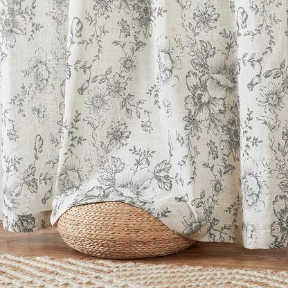 jinchan Linen Blend Curtain Floral Curtains for Living Room 84 Inch Length Grey Printed Curtain Rod Pocket Back Tab Farmhouse Peony Flower Patterned Drapes Bedroom Window Curtains Set 2 Panels