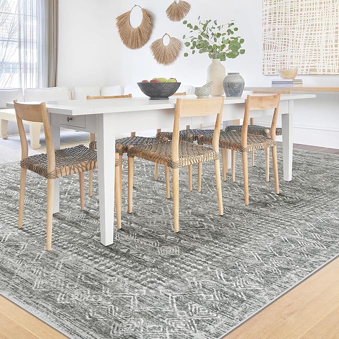 Washable Area Rug 5x7: Moroccan Rug for Living Room Geometric Boho Rug Farmhouse Non Slip Stain Resistant Rugs Low Pile Soft Carpet for Bedroom Dining Room Home Office Children Room (Grey,5'x7')