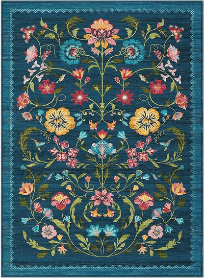 GarveeHome Washable Rug 4x6 Area Rugs for Living Room, Floral Rug for Bedroom, Soft Boho Non Slip Throw Rugs with Rubber Back, Low Pile Stain Resistant Vintage Floral Carpet for Dining Room, Blue