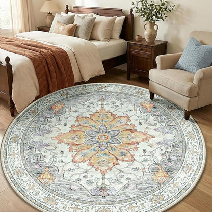 RELEANY Area Rugs 6ft Washable Non-Slip, Floral Vintage Distress Print Pattern Medallion Carpet for Living Room Bedroom Dining Room, Light Yellow Carbon Grey Orange