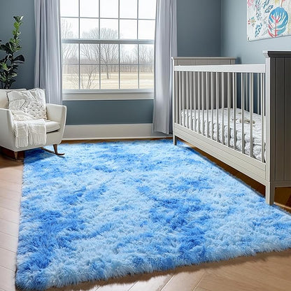 ONASAR Tie-Dye Blue Rugs for Living Room Bedroom, Fluffy 5x8 Bedside Area Rug, Soft Plush Shaggy Indoor Floor Carpet for Nursery Kids Girls Boys Teen Dorm Home Office Decor Aesthetic