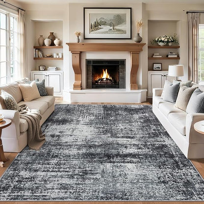 Area Rugs 9x12 Living Room - Washable Rug Modern Abstract Soft Large Neutral Non-Slip Carpet Indoor Floor Thin Carpets for Bedroom Dining Room Farmhouse Nursery Home Office Dark Black