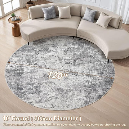 UERMEI 10ft Round Area Rug Living Room Rugs - 10x10 Washable Large Neutral Modern Abstract Soft Thin Rug Indoor Floor No Slip Rug Carpet for Bedroom Under Dining Table Home Office Decor - Grey