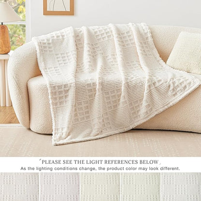 EXQ Home Fleece Throw Blanket for Couch or Bed - 3D Waffle Patchwork Pattern Jacquard Decorative Blankets - Cozy Soft Lightweight Fuzzy Flannel Blanket Suitable for All Seasons(50"×60",Beige)