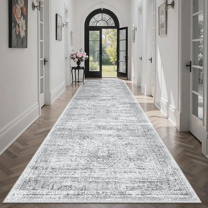 Runner Rug 3x10 Washable Non-Slip Hallway Runner Rugs for Kitchen Bathroom Laundry Room Grey Vintage Floor Carpet Runners for Hallways Entryway