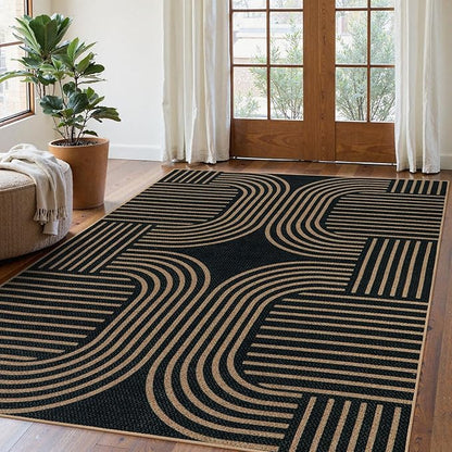 Lahome Enfys Modern Geometric Outdoor Easy Jute Rug, 5x7 Patio Living Room Rug Large Black Carpet for Bedroom, Farmhouse Washable Indoor Outdoor Carpet for Dining Room Backyard Deck