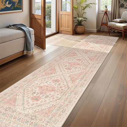 Runner Rug 2x10, Ultra-Thin Kitchen Rugs Non Slip Washable Rugs for Entryway Rug, Kitchen Runner Low Pile Vintage Soft Carpets for Living Room, Bathroom Bedroom (Pink,2'x10')