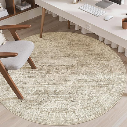Soalmost 5x5 Brown Round Rug 5ft Living Room Circle Rug Vintage Round Area Rug Non Slip Indoor Carpet for Entryway Dining Room Bedroom