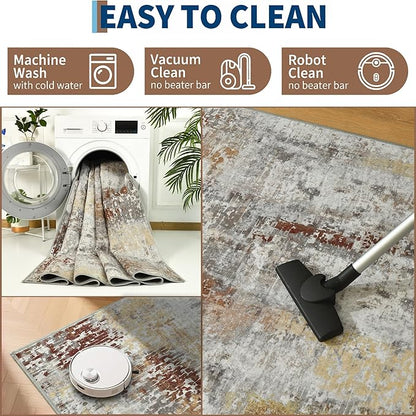 Ompaa Living Room Rug 5x8 Beige Area Rug Machine Washable Boho Rug Non Slip Abstract Vintage Indoor Large Rugs for Bedroom, Classroom, College Dorm, Farmhouse, Dining Room, Kids Playroom