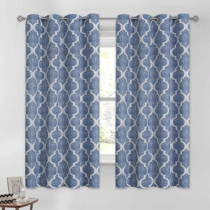 Beauoop 100% Blackout Curtains 54 Inches Long 2 Panels for Bedroom Living Room Blue Moroccan Geo Room Darkening Thermal Insulated Soundproof Grommet Top Window Treatments Drapes, 50x54 Set of 2