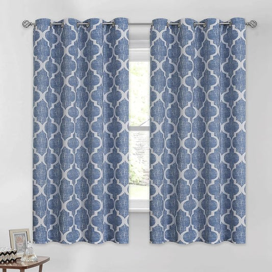 Beauoop 100% Blackout Curtains 54 Inches Long 2 Panels for Bedroom Living Room Blue Moroccan Geo Room Darkening Thermal Insulated Soundproof Grommet Top Window Treatments Drapes, 50x54 Set of 2