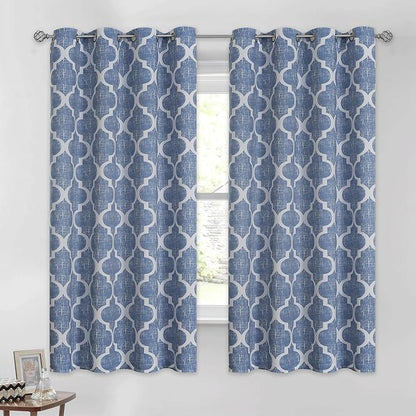 Beauoop 100% Blackout Curtains 45 Inches Long 2 Panels for Bedroom Living Room Blue Moroccan Geo Room Darkening Thermal Insulated Soundproof Grommet Top Window Treatments Drapes, 50x45 Set of 2