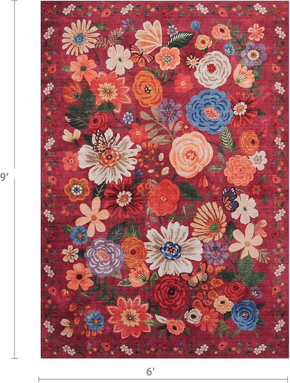 Floral Washable 6x9 Area Rugs, Soft Bedroom Rug for Living Room Ultra-Thin Non Slip Dining Room Rug, Stain Resistant Rugs Easy Clean Throw Carpet for Office(6 x 9, Red Garden)