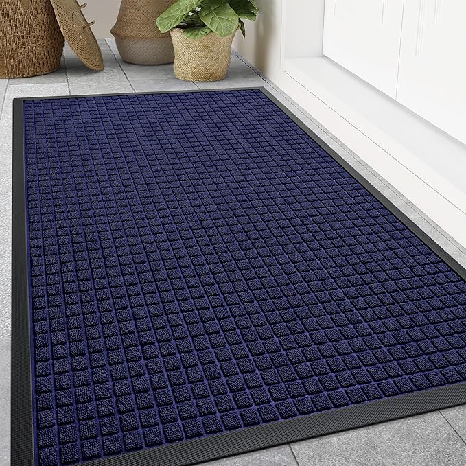 Smiry Front Door Mat Outside Entrance, Heavy Duty Natural Rubber Doormat, Non Slip, Trap Dirt and Moisture, Easy Clean, Low Profile Welcome Floor Mats for Indoor Outdoor Entry, 47x32 Inch, Navy Blue