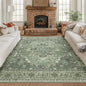 RELEANY Area Rugs Square 8ft Washable Non-Slip, Floral Vintage Distress Print Pattern Medallion Carpet for Living Room Bedroom Dining Room, Dark Green Gray