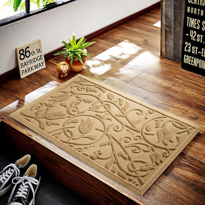 Boho Beige Floral Leaves Outdoor Indoor Entrance Doormats, Absorbent Durable Heavy Duty Welcome Front Door Mat,Thick Natural Rubber Back,Easy Clean Entryway Mat 23x35 Inch, Low Profile
