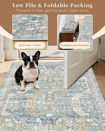Madane Washable Runner Rug - 2x6 Rug Runners for Hallways 6 Feet Non Slip Vintage Kitchen Runner Rug Ultra-Thin Bathroom Runner Rugs Carpet Laundry Room Bedroom (2x6ft, Blue/Gold)