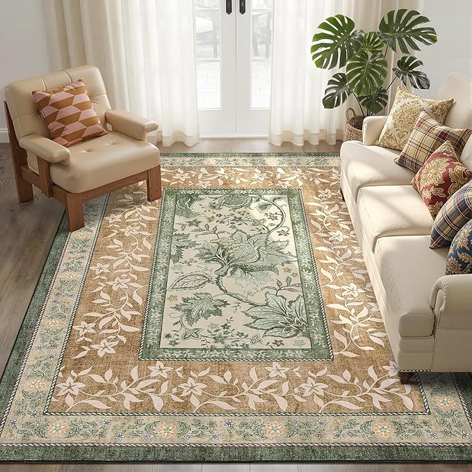 GarveeHome Terracotta Olive Sage Green Washable 6x9 Area Rugs, Botanical Grove Vintage Cottagecore Non-Slip Rug for Living Room Bedroom Nursery Kitchen Low-Pile Retro Large Carpet