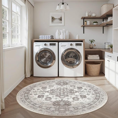 zesthome Washable Round Area Rugs - Non-Slip 6ft Round Rugs, Ultra-Thin Large Circle Rugs for Living Room, Soft Low Pile Rug for Bedroom, Kitchen, Nursery - Vintage Round Rug(Brown/Beige,6'x6')