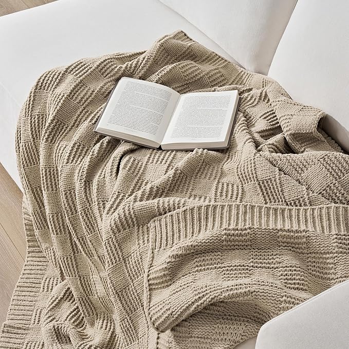 EVERGRACEHOME Modern Checkered Chenille Throw Blanket, Soft Cozy Plaid Knitted Blanket for Sofa & Couch, Decorative Knit Throw for Bed and Living Room, Sand Dune, 60" x 80"
