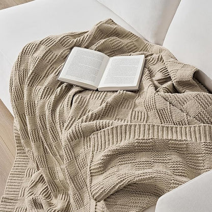 EVERGRACEHOME Modern Checkered Chenille Throw Blanket, Soft Cozy Plaid Knitted Blanket for Sofa & Couch, Decorative Knit Throw for Bed and Living Room, Sand Dune, 60" x 80"
