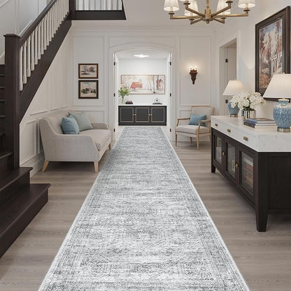Hallway Runner Rug 3x16 - Vintage Non Slip Washable 16ft Kitchen Runner for Entrance Soft Long Carpet Runners for Living Room Bedroom Dining Room, Grey