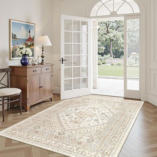 3x5 Washable Area Rug for Entryway, Kitchen Rugs Non Slip for Dining Room, Vintage Floral Soft Living Room Rug, Thin Area Rug Indoor for Bedroom, Kids Room Decor(Cream/Beige,3'x5')