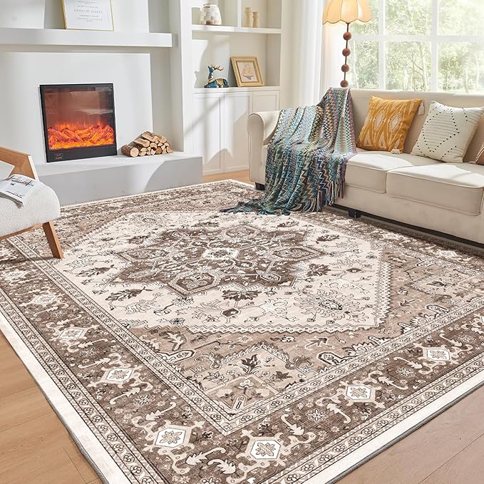 OPPODREAM Soft Area Rugs 4x6, Low-Pile Washable Rugs 4x6 with Non Slip Backing, Faux Cashmere 4 x 6 Throw Carpet, Khaki