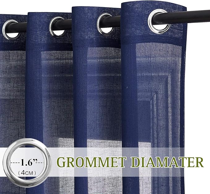 NICETOWN Natural Open Linen Weave Flax Textured Sheer Window Curtains, Medium Long Privacy Semi-Transparent Sheer Panels for Farmhouse / Bedroom, Total 2 Panels, Dark Blue,W52 x L72