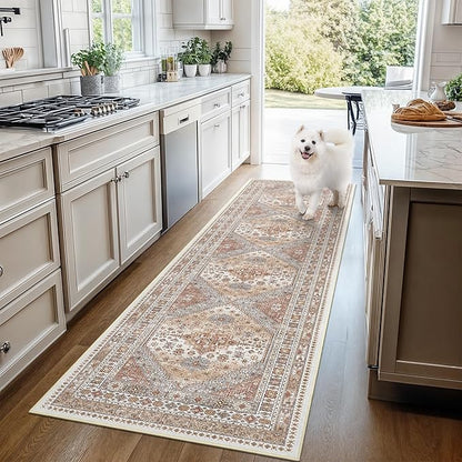 3x14 Runner Rug for Hallway, Non-Slip Long Kitchen Mats for Floor, Vintage Washable Rug for Entryway, Soft Hallway Runner for Dining Room, Bedroom, Living Room(Orange,3'x14')