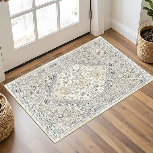 Entryway Rug - 2x3 Washable Rug Runner for Bathroom, Laundry Room, Kitchen, Soft Vintage Hallway Runner for Bedroom, Non-Slip Door Mat Indoor Entrance(Beige,2'x3')