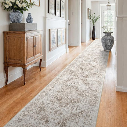 3x25 Washable Hallway Runner Rug - Vintage Kitchen Runners Low Pile Carpet Soft Thin Floor Runner with Rubber Backing for Entryway Living Room Home Decor (Cream/Camel)
