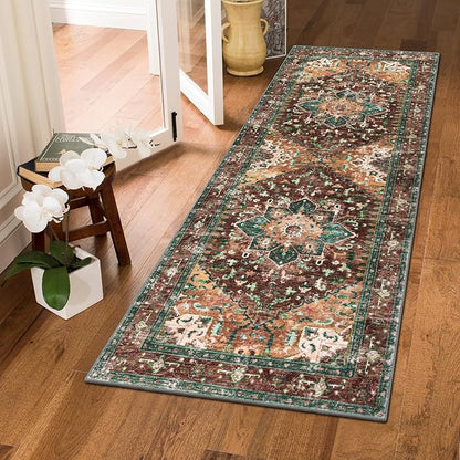 Yamaziot Washable Runner Rug, 2x5 Non-Slip Boho Vintage Hallway Rug Runner with Rubber Backing, Stain Resistant Distressed Carpet Runner for Bedroom, Kitchen, Laundry, Entrance