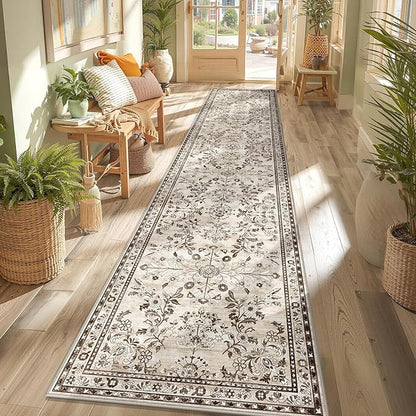 Yamaziot Washable Runner Rug 2x10 – Floral Non Slip Boho Hallway Runner Rug with Rubber Backing, Low Pile Faux Wool Distressed Carpet for Kitchen, Laundry, Bedroom, Entrance, Brown
